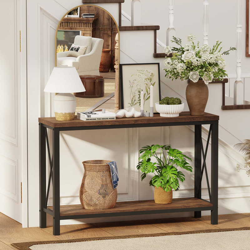 47.24 Console Table Wood and Metal Sofa Table for Living Room Industrial 2 Tier Entryway Table for Hallway Foyer Front Door Entrance Rustic